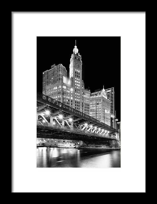 Dusk Framed Print featuring the photograph Wrigley Building at Night in Black and White by Sebastian Musial