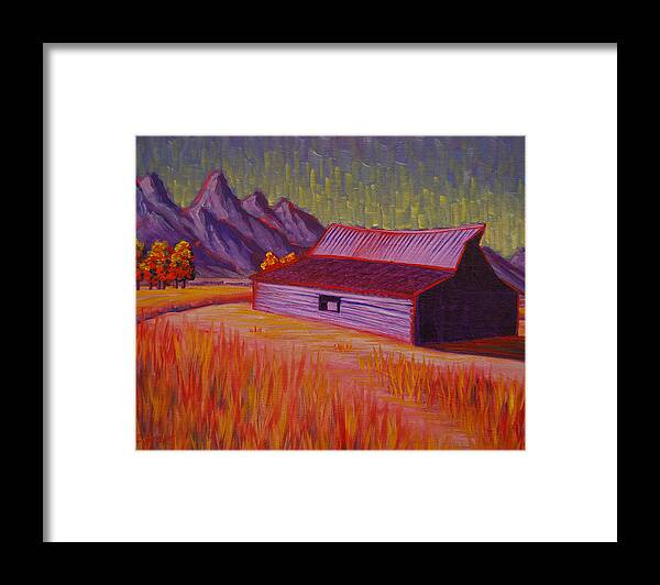 Wyoming Framed Print featuring the painting Wyoming Barn In Red by Cheryl Fecht