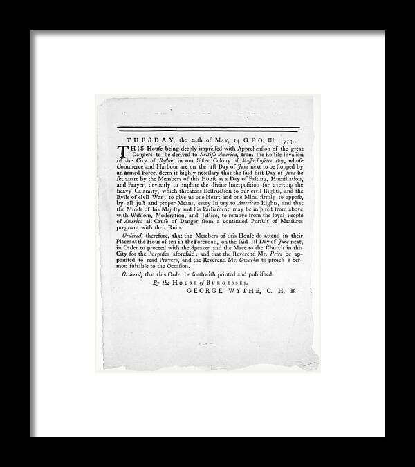 1774 Framed Print featuring the photograph Wythe: Broadside, 1774 by Granger