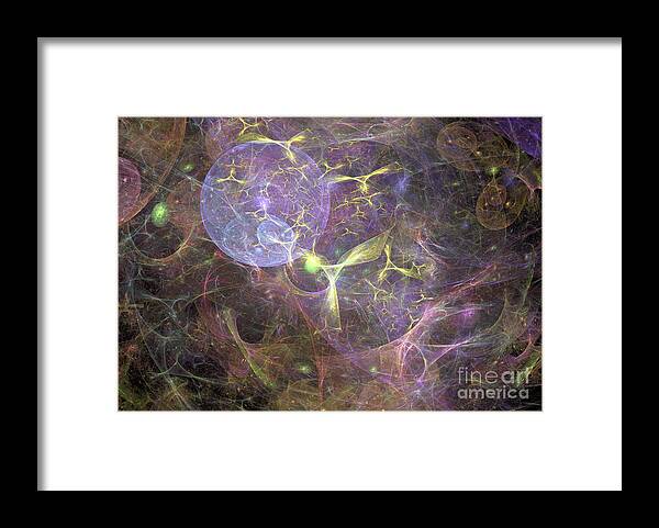 Abstract Framed Print featuring the digital art Yellow Angels Blue Orb by Russell Kightley