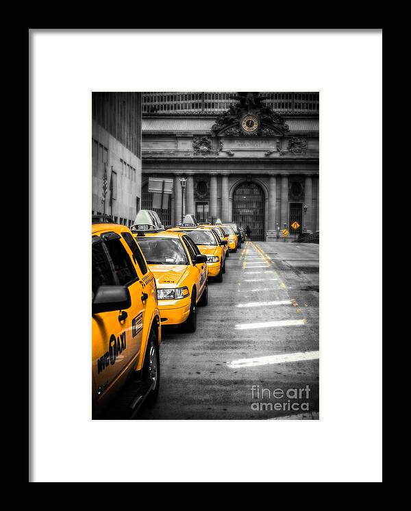 Nyc Framed Print featuring the photograph Yellow Cabs waiting - Grand Central Terminal - bw o by Hannes Cmarits