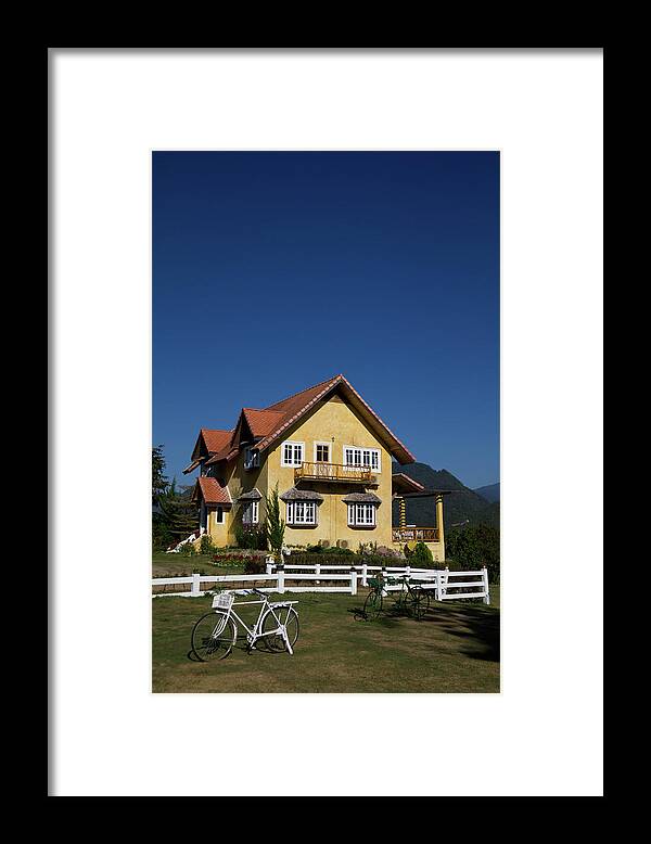 Thailand Framed Print featuring the photograph Yellow classic house on hill in Thailand by Tosporn Preede