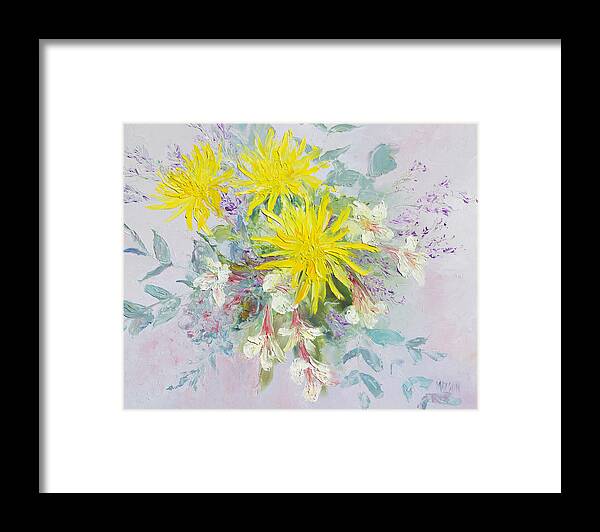 Dahlias Painting Framed Print featuring the painting Yellow dahlias and Peruvian Lilies by Jan Matson