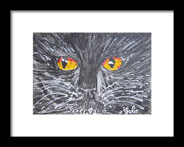 Yellow Eyes Framed Print featuring the painting Yellow Eyed Black Cat by Kathy Marrs Chandler