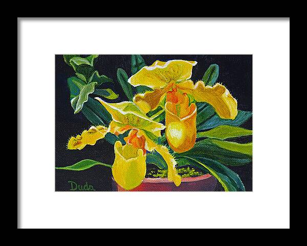 Yellow Lady Slippers Framed Print featuring the painting Yellow Lady Slippers by Susan Duda