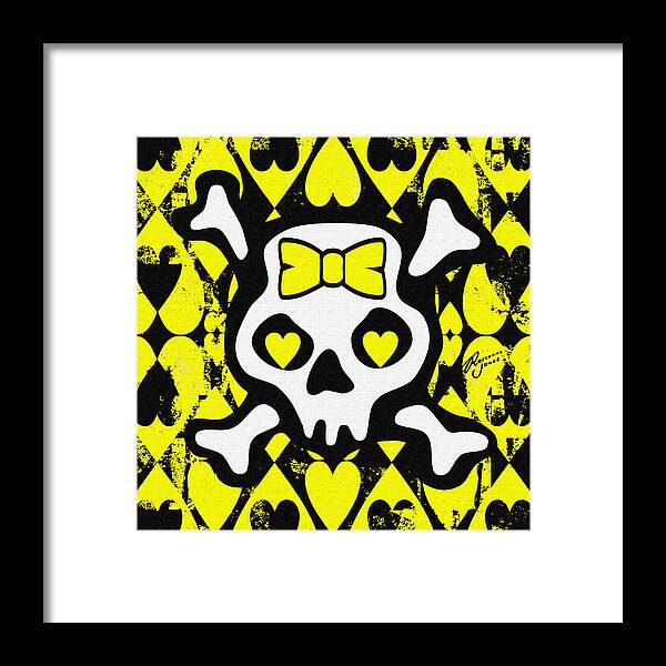 Yellow Framed Print featuring the digital art Yellow Love Heart Skull by Roseanne Jones