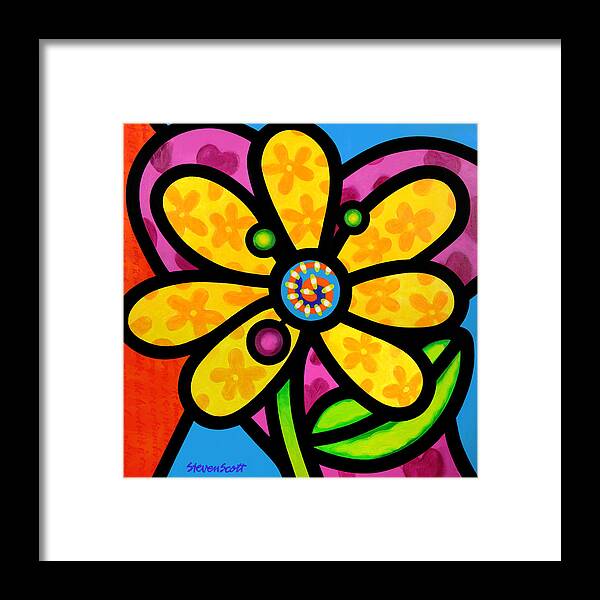 Abstract Framed Print featuring the painting Yellow Pinwheel Daisy by Steven Scott
