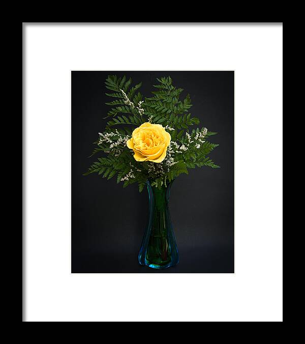Yellow Rose In Blue Green Vase Photograph Framed Print featuring the photograph Yellow Rose by Kenneth Cole