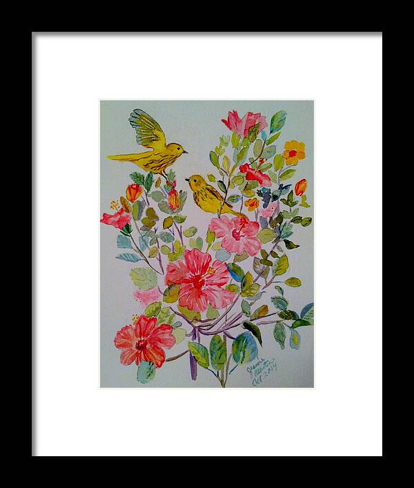 Watercolor Framed Print featuring the painting Yellow Warblers in the Hibiscus by Jeannie Allerton