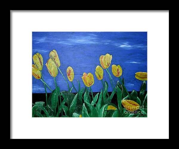 Tulips Framed Print featuring the painting Yellowred tulips by Susanne Baumann