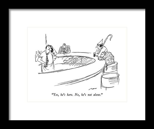 

 Bartender Speaks On Phone Framed Print featuring the drawing Yes, He's Here. No, He's Not Alone by Al Ross