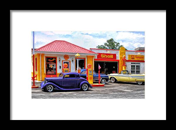 Gas Station Framed Print featuring the painting Yesterday's Shell Station by Michael Pickett