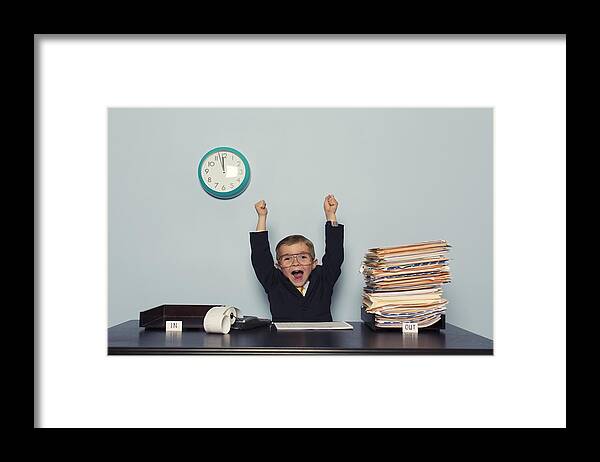 Working Framed Print featuring the photograph Young Business Boy Celebrates with Work Finished by RichVintage