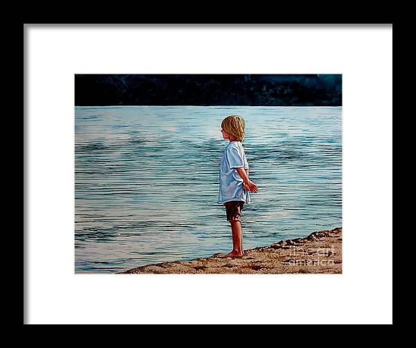 Lad Framed Print featuring the painting Young Lad by the Shore by Christopher Shellhammer