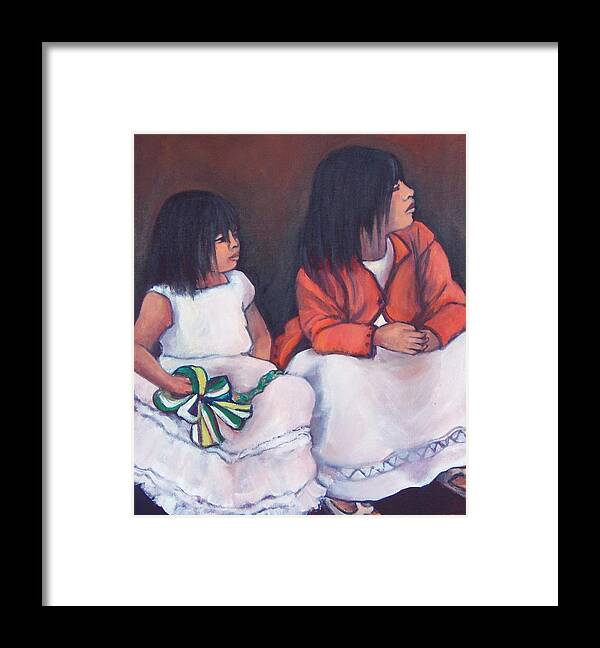 Portrait Framed Print featuring the painting Young Mexican girls at the Independence Parade by Susan Santiago