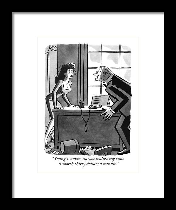 
(old Executive To Secretary As He Chases Her Around Desk.) Money Framed Print featuring the drawing Young Woman by Peter Arno