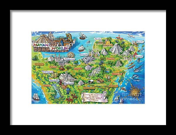 Yucatan Map Illustration Framed Print featuring the painting Yucatan Map Illustration by Maria Rabinky