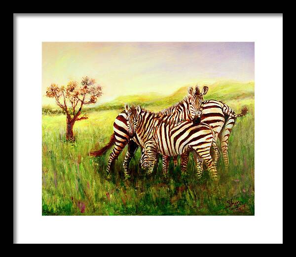 Zebra Framed Print featuring the painting Zebras at Ngorongoro Crater by Sher Nasser