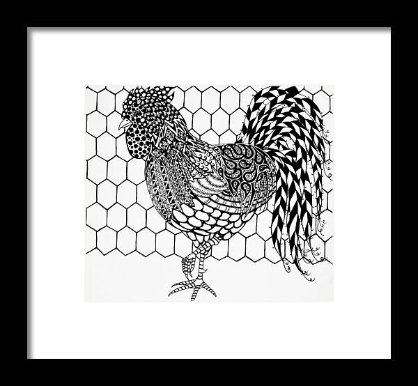 Rooster Framed Print featuring the drawing Zentangle Rooster by Jani Freimann