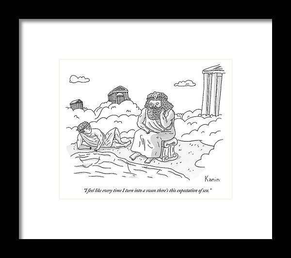Sex Framed Print featuring the drawing Zeus Speaks Gloomily To Hermes By A Pond by Zachary Kanin