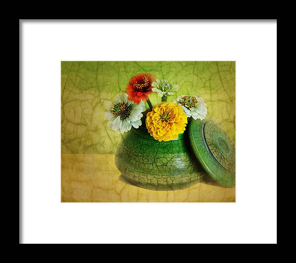 Zinnia Framed Print featuring the photograph Zinnia Still LIfe by Nikolyn McDonald