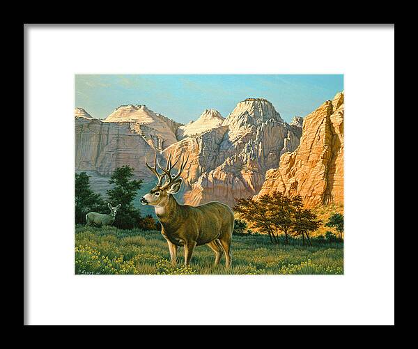 Wildlife Framed Print featuring the painting ZionCountry Muleys by Paul Krapf