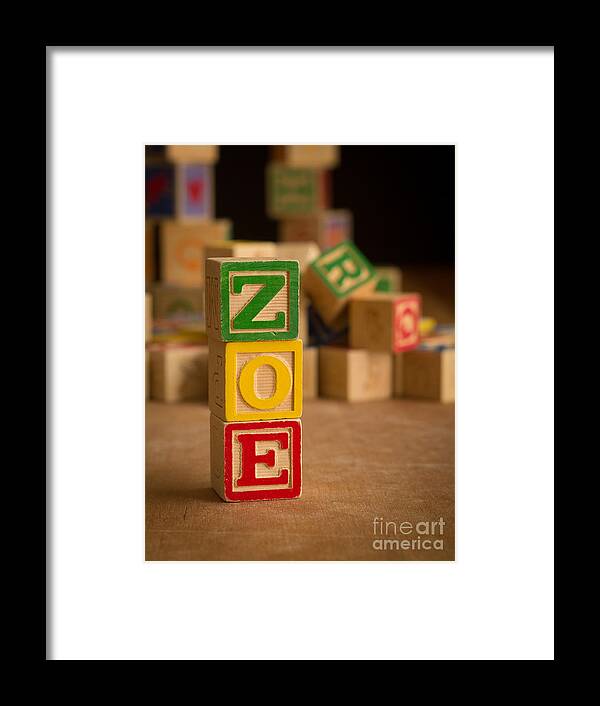 Alphabet Framed Print featuring the photograph ZOE - Alphabet Blocks by Edward Fielding
