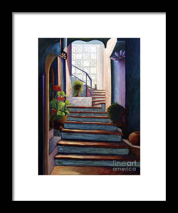 Stairway Up Framed Print featuring the painting 01243 Enlightened Cat by AnneKarin Glass