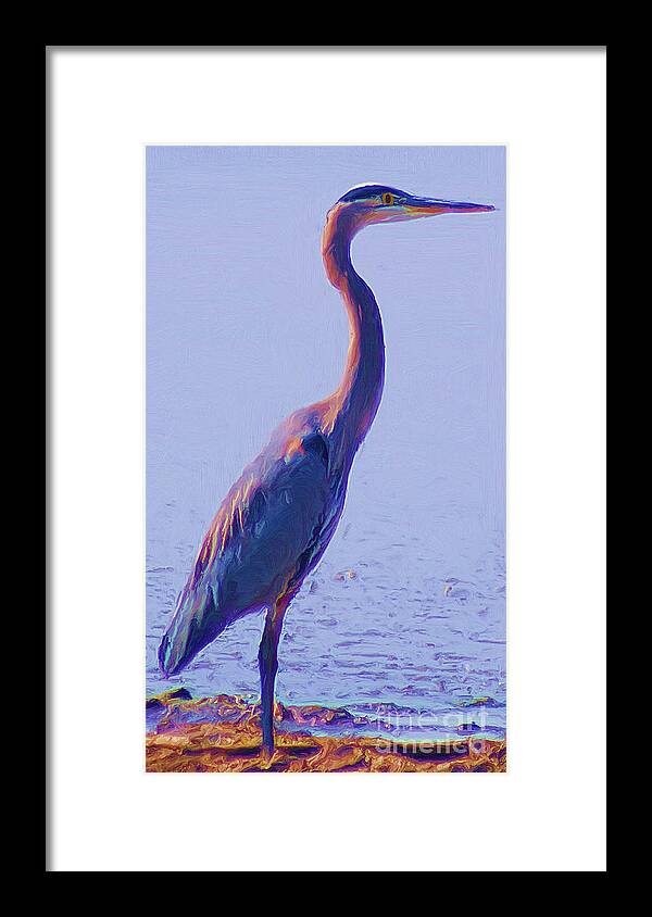 Photograph Framed Print featuring the digital art Big Blue Heron At Lake Side #1 by John Kolenberg