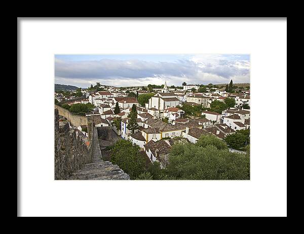 Aerial Framed Print featuring the photograph Castle Wall of the Medieval Village of Obidos II #1 by David Letts
