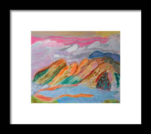 Landscape Framed Print featuring the painting Mountains In The Clouds #1 by Meryl Goudey