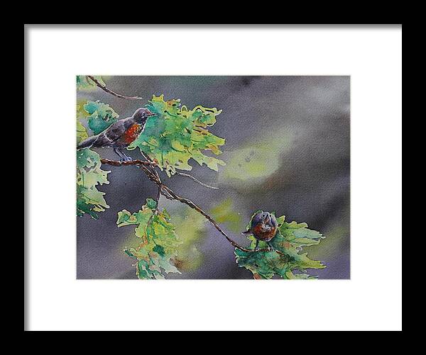 Robin Framed Print featuring the painting Ready for Take Off by Ruth Kamenev