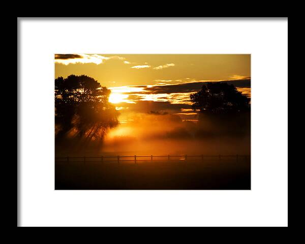 Fog Lit Up Sunrise Framed Print featuring the photograph River of gold #1 by John Chivers