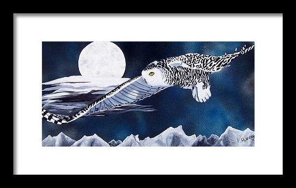 Owl Framed Print featuring the painting Snowy Flight #1 by Debbie LaFrance