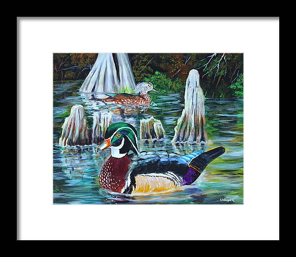 Wood Ducks Framed Print featuring the painting Woodies on the Bayou #1 by Karl Wagner