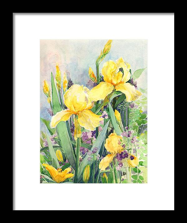 Iris Framed Print featuring the painting Yellow iris by Nancy Watson