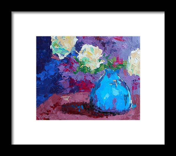 Flowers Framed Print featuring the painting Yellow Roses in a Blue Vase #1 by Sylvia Miller