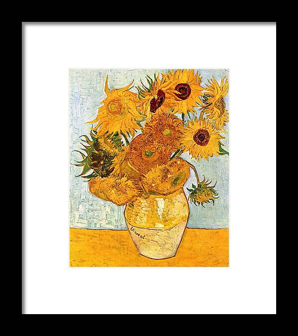 Impressionism Framed Print featuring the painting 12 Sunflowers In A Vase by Sumit Mehndiratta
