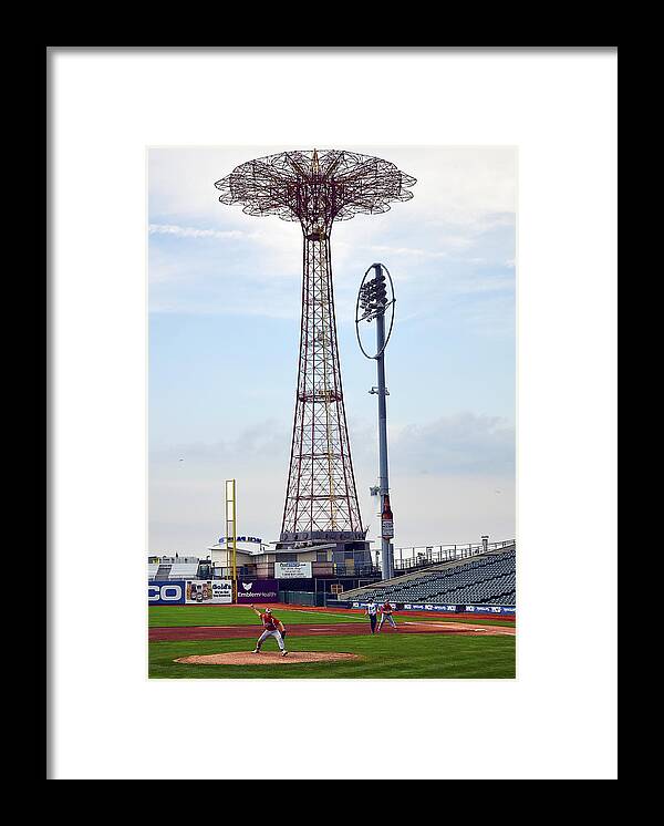 Cyclones Stadium Framed Print featuring the photograph 13 Year Old Pitching at Coney Island Cyclones Stadium by Maureen E Ritter