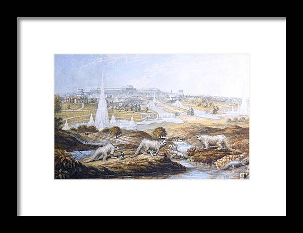 Antediluvians Framed Print featuring the photograph 1854 Crystal Palace Dinosaurs By Baxter 2 by Paul D Stewart
