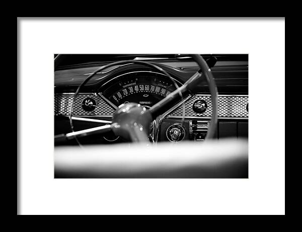 1955 Bel Air Framed Print featuring the photograph 1955 Chevy Bel Air Dashboard in Black and White by Sebastian Musial