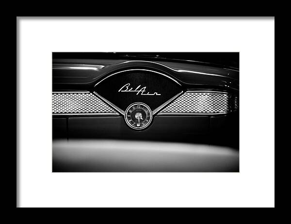 1955 Bel Air Framed Print featuring the photograph 1955 Chevy Bel Air Glow Compartment in Black and White by Sebastian Musial