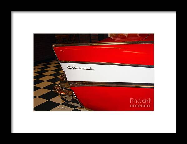 1957 Chevrolet Signe Framed Print featuring the photograph 1957 Chevrolet by Yumi Johnson