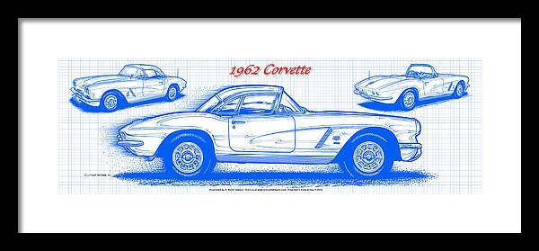 1962 Corvette Framed Print featuring the digital art 1962 Corvette Blueprint by K Scott Teeters