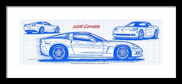 2008 Corvette Framed Print featuring the digital art 2008 Corvette Blueprint by K Scott Teeters