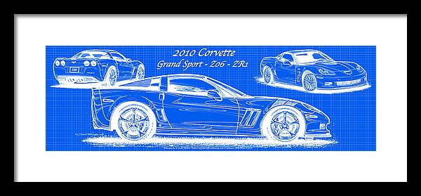 2010 Corvette Framed Print featuring the digital art 2010 Corvette Grand Sport - Z06 - ZR1 Reverse Blueprint by K Scott Teeters