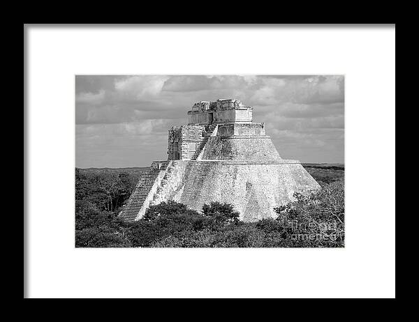 Travelpixpro Uxmal Framed Print featuring the digital art Pyramid of the Magician at Uxmal Mexico Black and White #1 by Shawn O'Brien