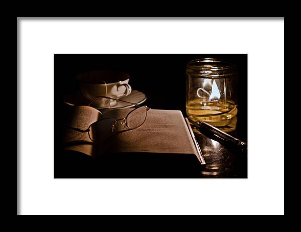Book Framed Print featuring the photograph A Candlelight Scene by Lori Coleman