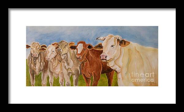 Cows Framed Print featuring the painting A Gathering of Cows by Genie Morgan