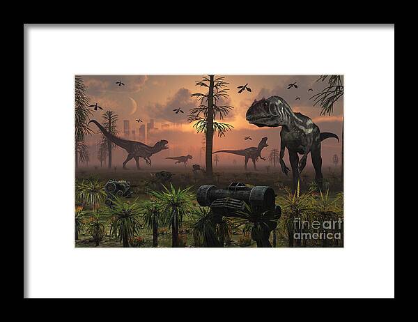 Paleozoology Framed Print featuring the digital art A Herd Of Allosaurus Dinosaur Cause by Mark Stevenson
